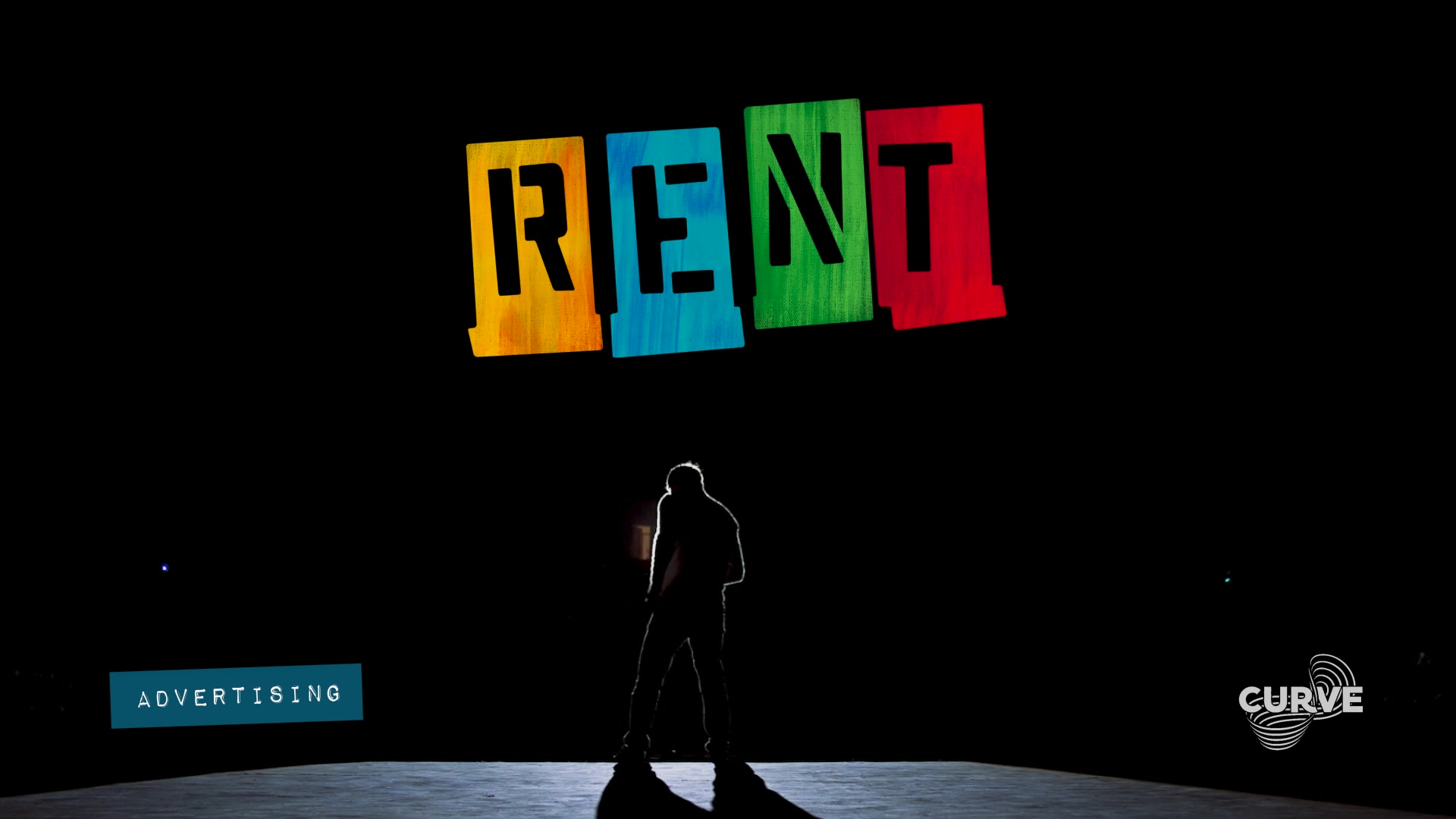 RENT promotional graphics with a colourful logo above a performer on stage